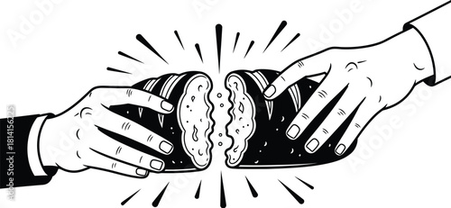 Breaking bread graphic symbolizes sharing, community, and connection in black and white illustration