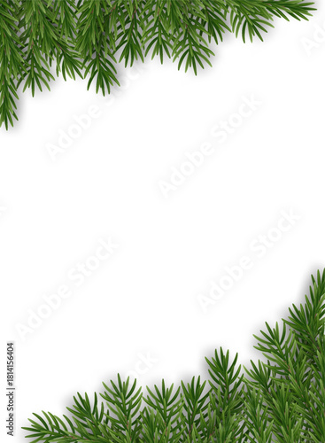 Christmas background with fir branches framing all sides on white, soft shadows and generous copy space. Elegant Christmas frame, Christmas template for cards and posters. Vector