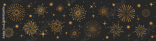Gold fireworks vector border with Christmas sparkles on dark background. Christmas fireworks create a festive atmosphere ideal for elegant greeting cards, banners, and holiday celebration layouts.