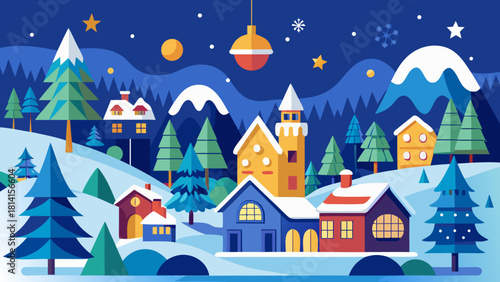 Charming winter village scene with snow covered mountains and trees