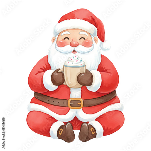 Santa Claus drinking hot chocolate for Christmas, watercolor illustration isolated on white background
