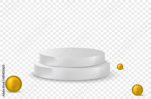 Empty stage. White podium with spherical balls.