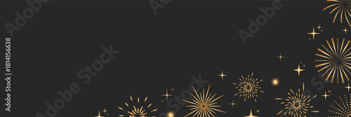 Vector design featuring golden fireworks arranged in a corner border on a dark background. The fireworks pattern creates a festive fireworks atmosphere suited for celebration layouts and invitations