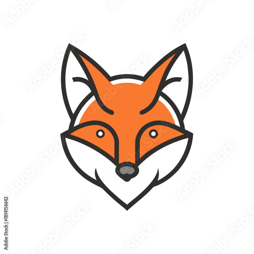 Stylized orange fox head icon with black outlines and white details, isolated on a clean white background. isolated on white background, Vector, illustration