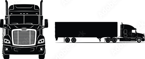 Black silhouette vector of semi-trailer trucks in front and side view for logistics, transport, shipping, freight, and trucking design