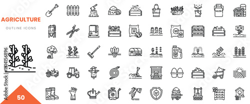 A collection of outline icons representing agriculture, including tools, plants, and equipment.