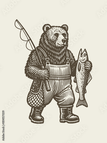 Bear fisherman with trout vintage engraving vector illustration