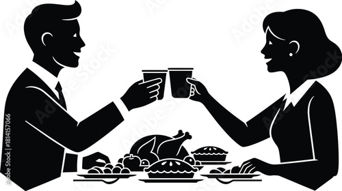 Cheerful couple toasting drinks over Thanksgiving dinner, perfect for holiday invitations and family celebrations