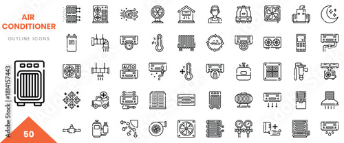 A collection of 50 outline icons depicting various air conditioning units and components.