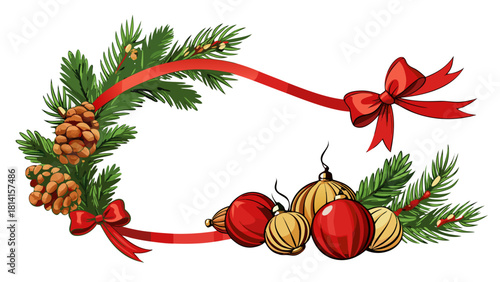 Christmas garland with pine cones baubles and red ribbon