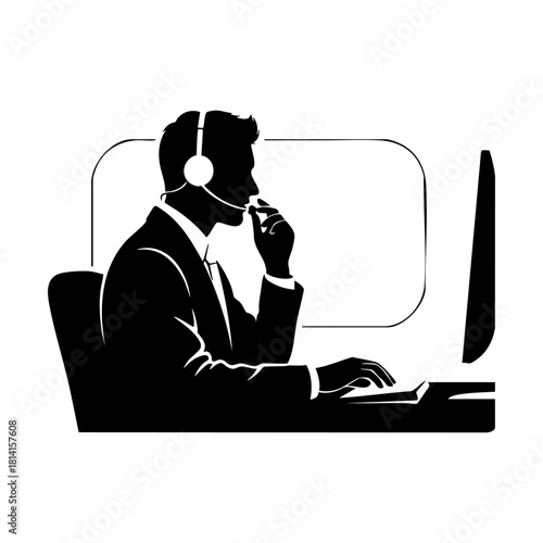 Call center and support team silhouettes. Customer service agent with headset on laptop, Customer support, Communication and feedback symbols