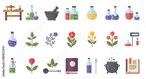 Magical Alchemy Elements and Herbal Ingredients for Potion Making.