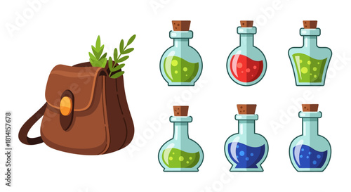 Magical Potion Bottles and a Brown Leather Bag with Greenery.