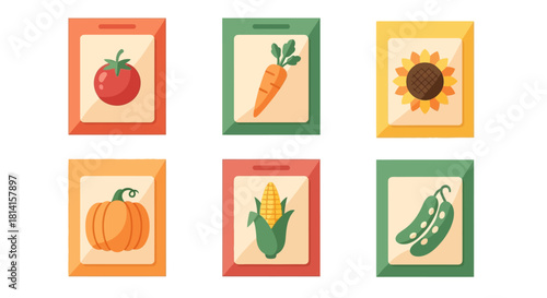 Seed packets of various vegetables for planting and gardening.
