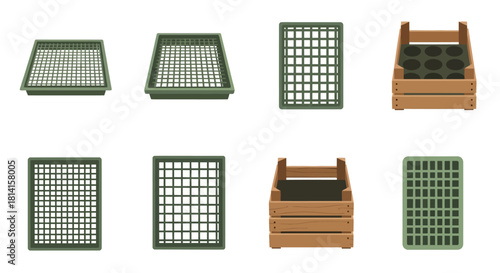 Set of empty plastic trays and wooden crates for gardening and storage.