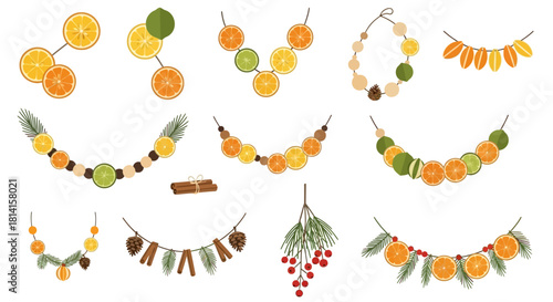 Set of festive holiday garlands made from dried fruit and spices.