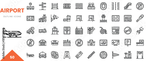 A collection of airport-related outline icons showcasing various travel elements.