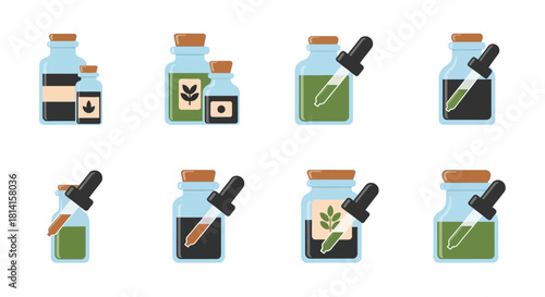 Set of glass dropper bottles with herbal tinctures and essences.