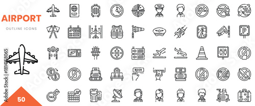 Collection of airport outline icons showcasing various travel and safety elements.