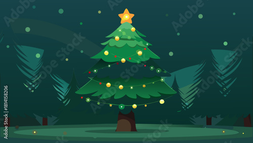 Decorated christmas tree in a dark forest with twinkling lights