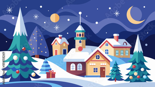 Cozy winter village scene with christmas trees and snow