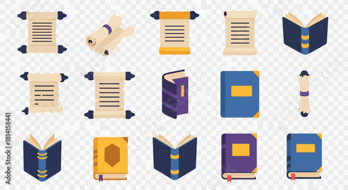 Vector collection of ancient books and parchment scrolls icons.