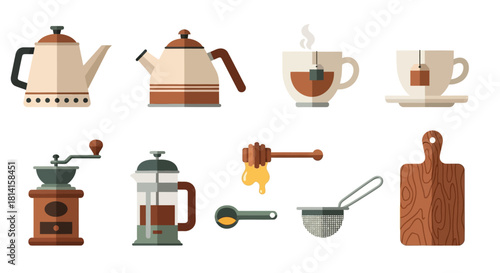 Vector illustration set of coffee and tea brewing equipment.