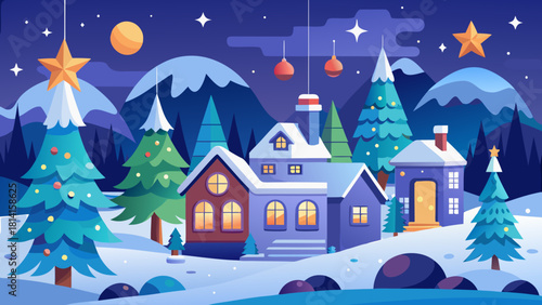 Cozy winter village scene with christmas trees and snow at night