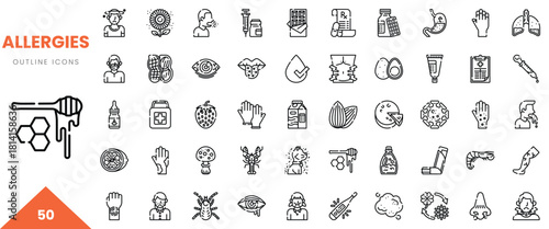 A collection of 50 allergy-related outline icons, featuring diverse medical and environmental themes.