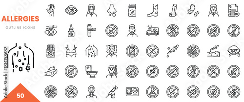 Collection of allergy-related outline icons illustrating various symptoms and treatments.