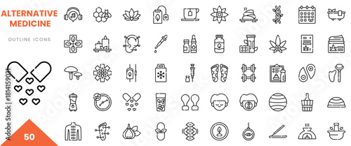 Collection of alternative medicine outline icons featuring herbs and wellness symbols.