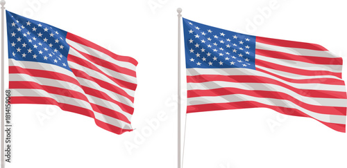 Waving American flag on pole, realistic vector illustration set, isolated USA national symbol, stars and stripes design for independence day celebration