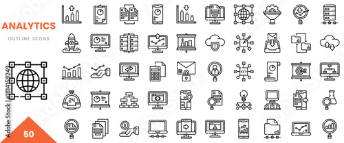 Set of 50 outline icons representing analytics, including graphs and data visualization elements.