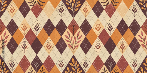 A vibrant autumn-themed pattern featuring rich orange, burgundy, and cream diamond shapes with floral accents.