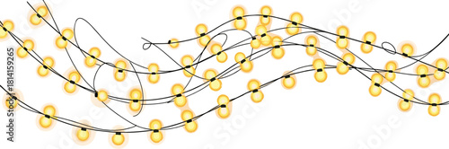 Wavy yellow string lights isolated on white, vector Christmas garland illustration, glowing fairy lights border for holiday party decoration and design