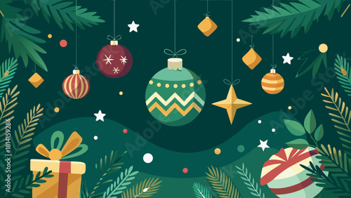 Festive christmas ornaments and gifts in a dark green forest scene