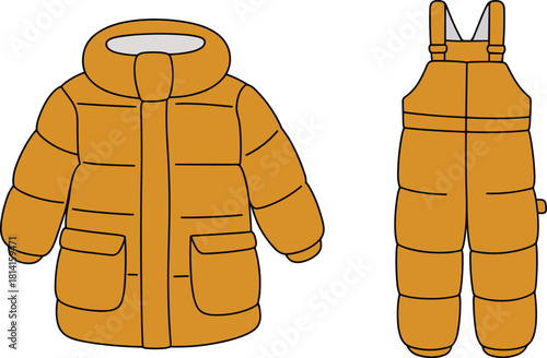Yellow winter puff jacket and bib pants set, vector technical fashion illustration, isolated kids snowsuit clothing mockup, flat sketch outerwear design template