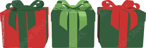 Christmas gift box illustration, red and green wrapping, ribbon and bow, festive holiday packaging, flat vector graphic, decorative present design, flavector