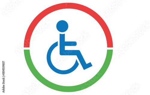 Stylized wheelchair accessibility icon, blue figure in circular frame, red and green split background, mobility support, inclusive signage, vector graphic, flavector