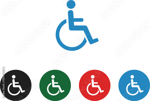 Wheelchair accessibility icon set, multicolor circular symbols, disability support, inclusive signage, mobility aid, vector graphic, flat style illustration, public access, flavector