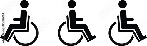 Accessibility wheelchair icon set, black and white symbols, disability support, inclusive design, universal signage, mobility aid, vector graphic, cad drawing flat vector