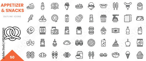 A collection of outline icons featuring various appetizers and snacks in a minimalist design.