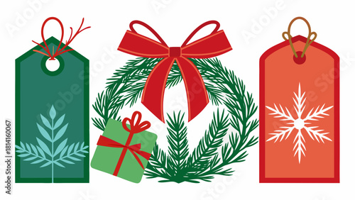 Christmas gift tags and wreath with red bow and snowflake design