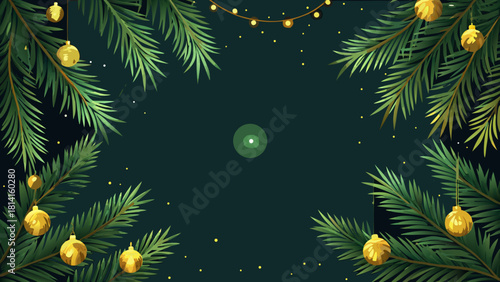 Festive christmas tree branches with golden ornaments and lights