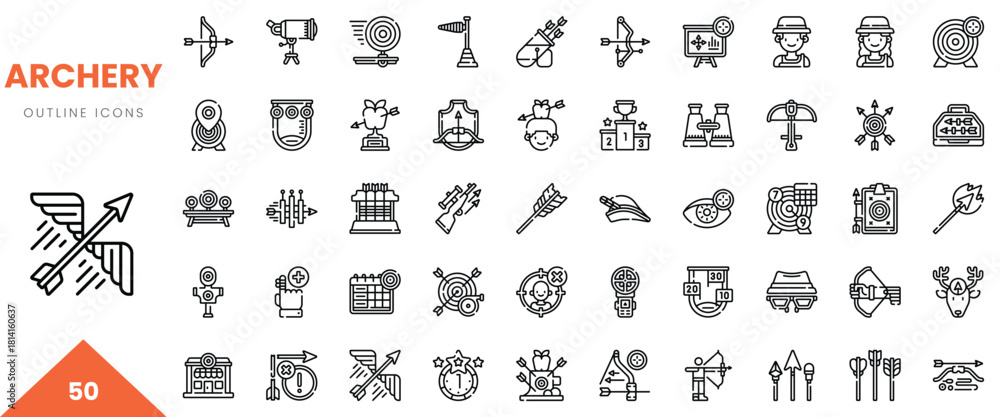 Obraz premium A diverse collection of 50 outline icons related to archery in a modern style.