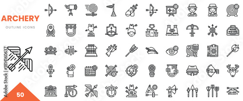 A diverse collection of 50 outline icons related to archery in a modern style.