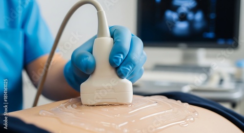 A medical professional performs an abdominal ultrasound scan on a patient using a transducer and gel.
