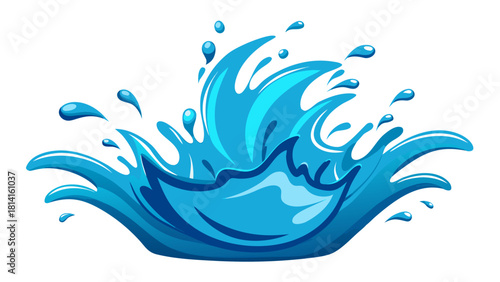 Dynamic blue water splash with droplets on white background