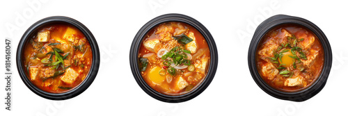 Delicious korean stews in black bowls transparent background food photography culinary delight
