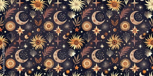 Stylish celestial pattern featuring moons, stars, and floral elements in warm tones.